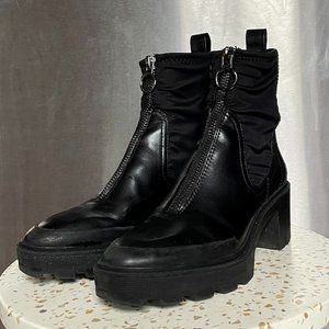 Zara Lug Sole Black Leather Rubber Ankle Boots Zip Front 39 8